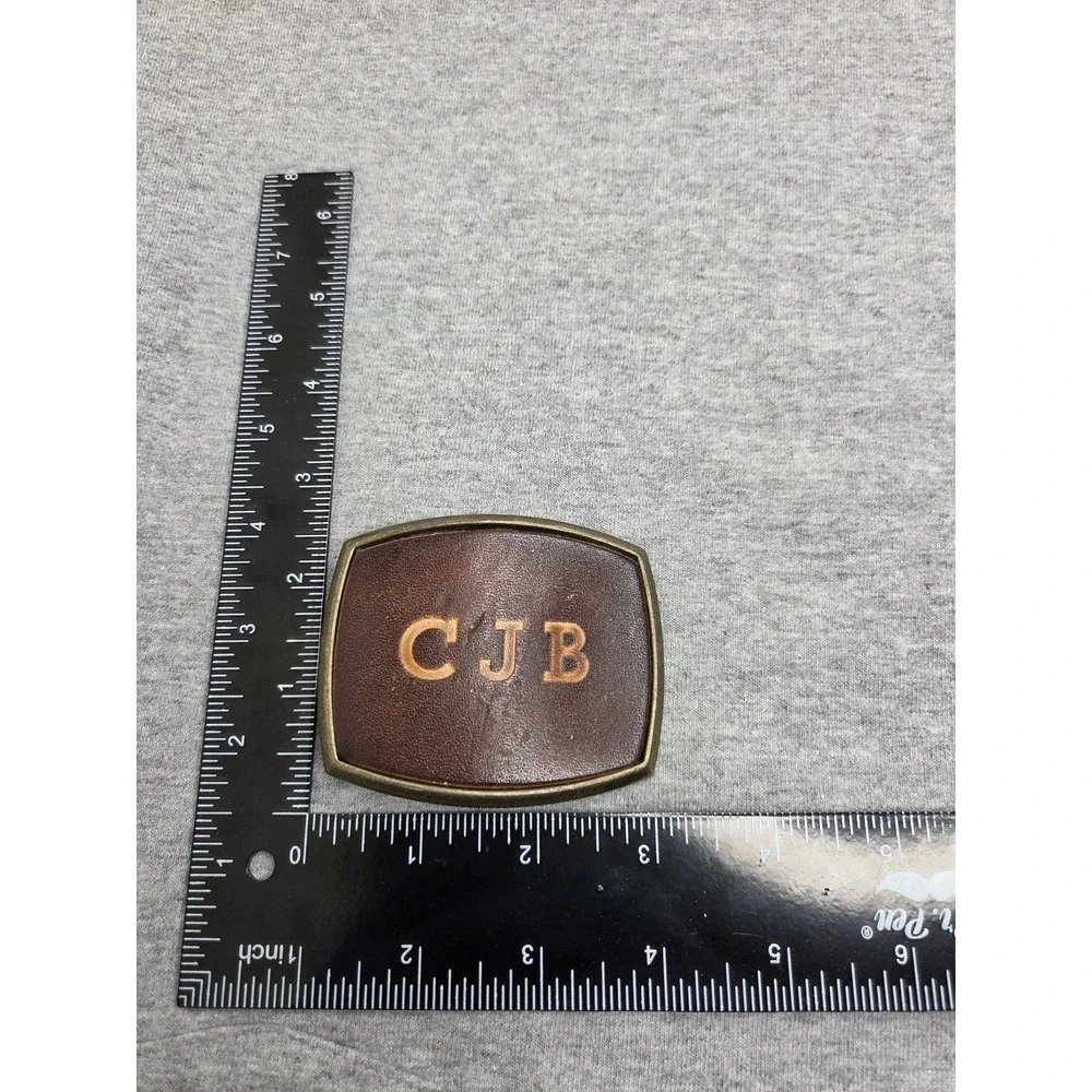 Vintage Initials CJB El Cid Solid Brass Leather Embossed Belt Buckle Western